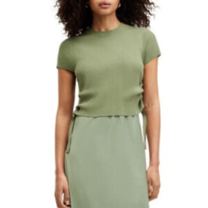AllSaints Hayes Slipdress & Short Sleeve Sweater in Oil Green sz XS